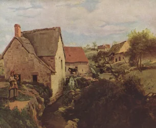 Hütten und eine Mühle am Ufer eines Baches